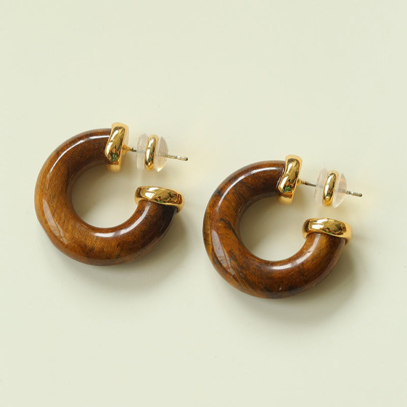 Natural Tiger’s Eye & Red Stone Hoop Earrings
