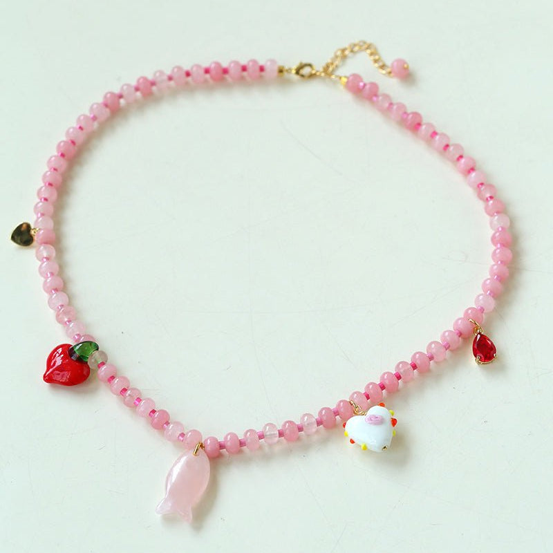 Beating Heart & Fish Beaded Necklace in Soft Pink - floysun