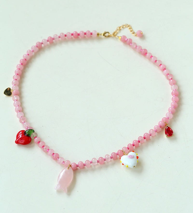 Beating Heart & Fish Beaded Necklace in Soft Pink - floysun