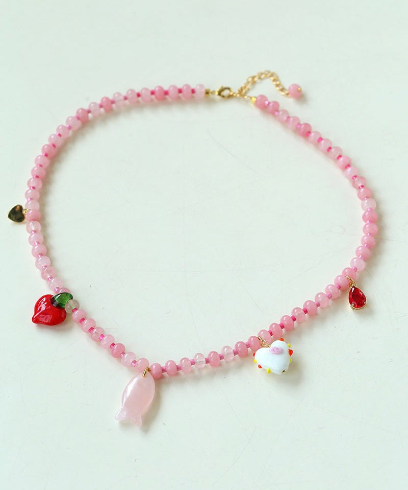 Beating Heart & Fish Beaded Necklace in Soft Pink - floysun