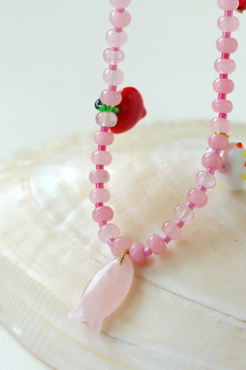 Beating Heart & Fish Beaded Necklace in Soft Pink - floysun