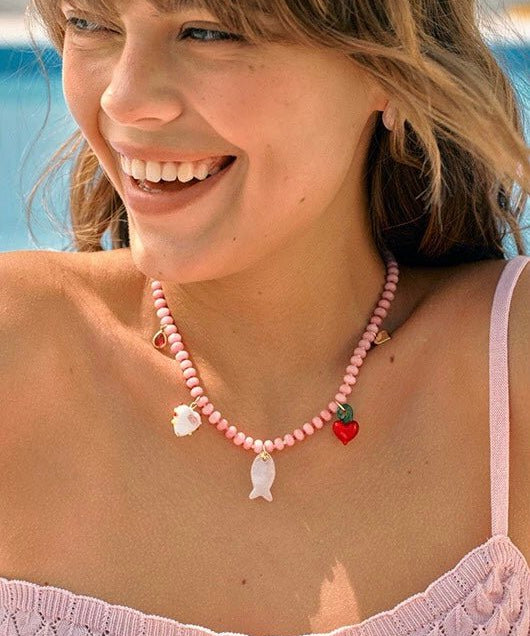 Beating Heart & Fish Beaded Necklace in Soft Pink - floysun