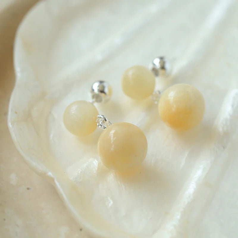 Beige Yellow Jade Double Ball Earrings - floysun