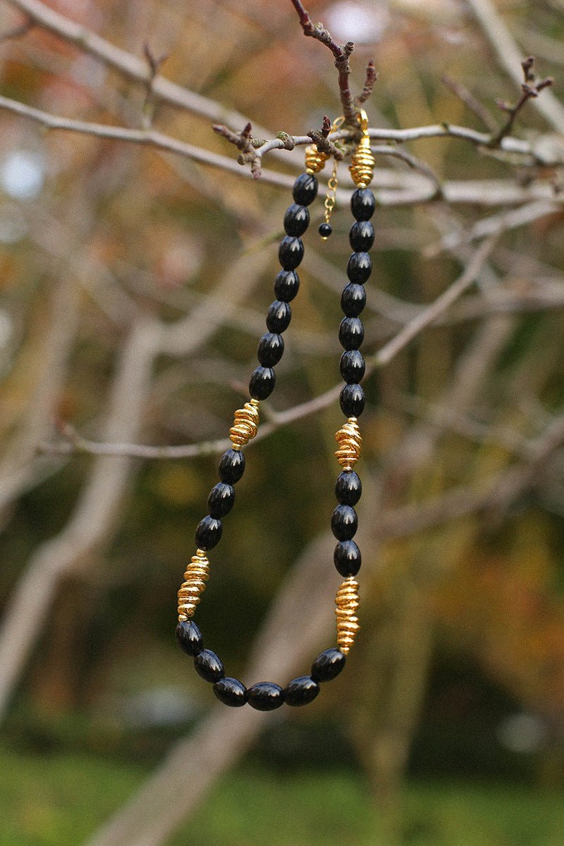 Black Agate Metal Beaded Short Necklace - floysun