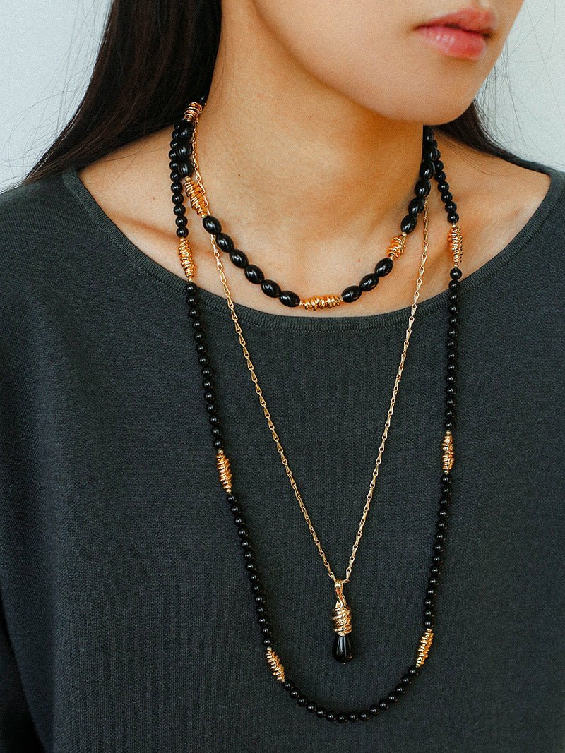Black Agate Metal Beaded Short Necklace - floysun