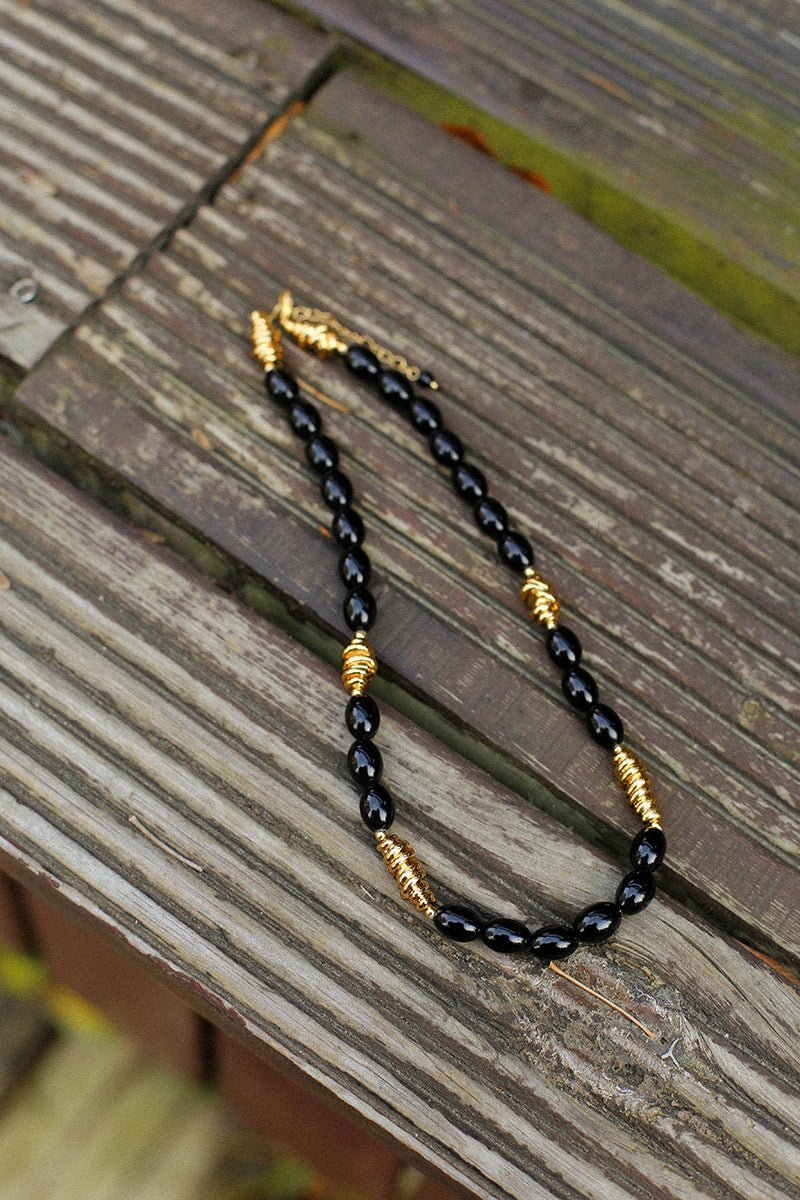 Black Agate Metal Beaded Short Necklace - floysun