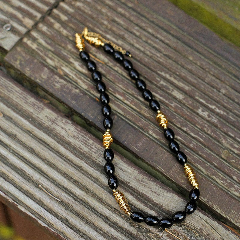 Black Agate Metal Beaded Short Necklace - floysun