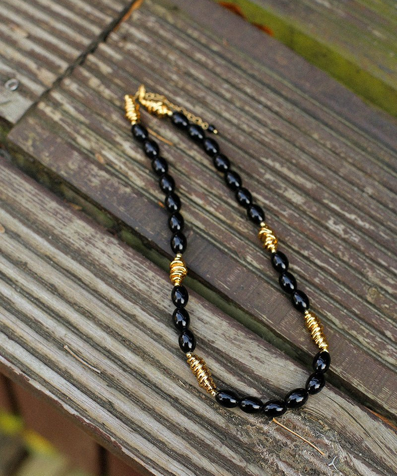 Black Agate Metal Beaded Short Necklace - floysun