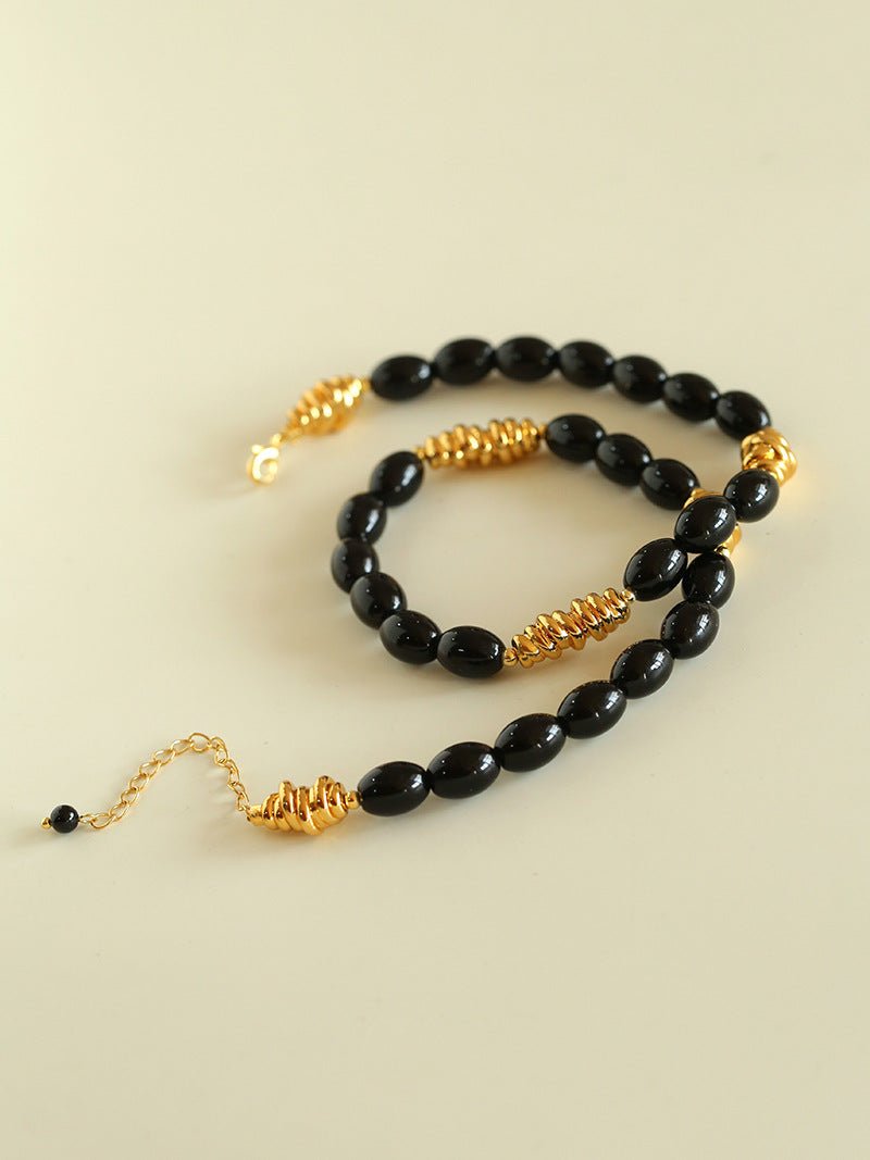 Black Agate Metal Beaded Short Necklace - floysun