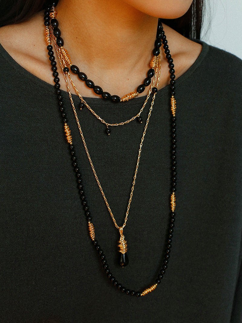 Black Agate Metal Beaded Short Necklace - floysun