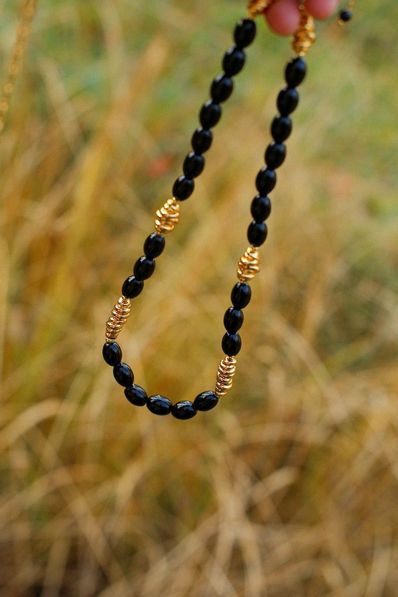 Black Agate Metal Beaded Short Necklace - floysun