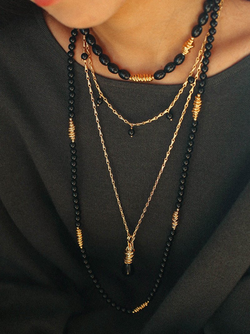 Black Agate Metal Beaded Short Necklace - floysun