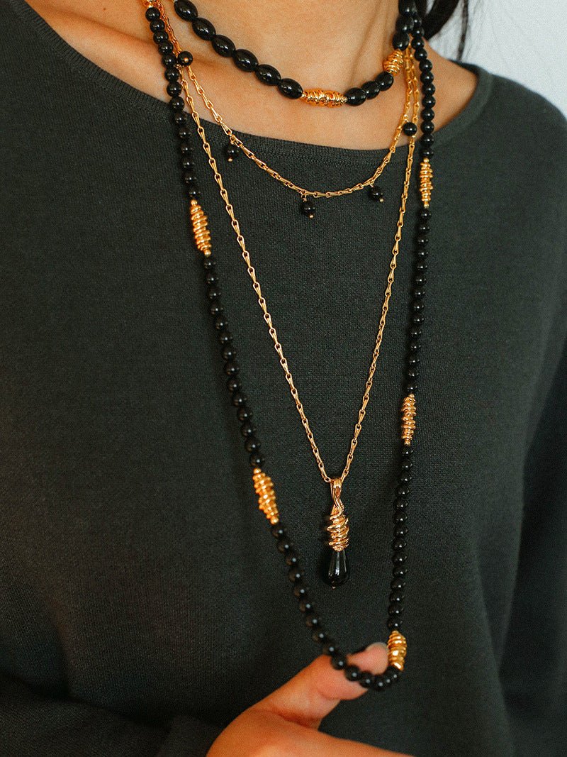 Black Agate Metal Beaded Short Necklace - floysun