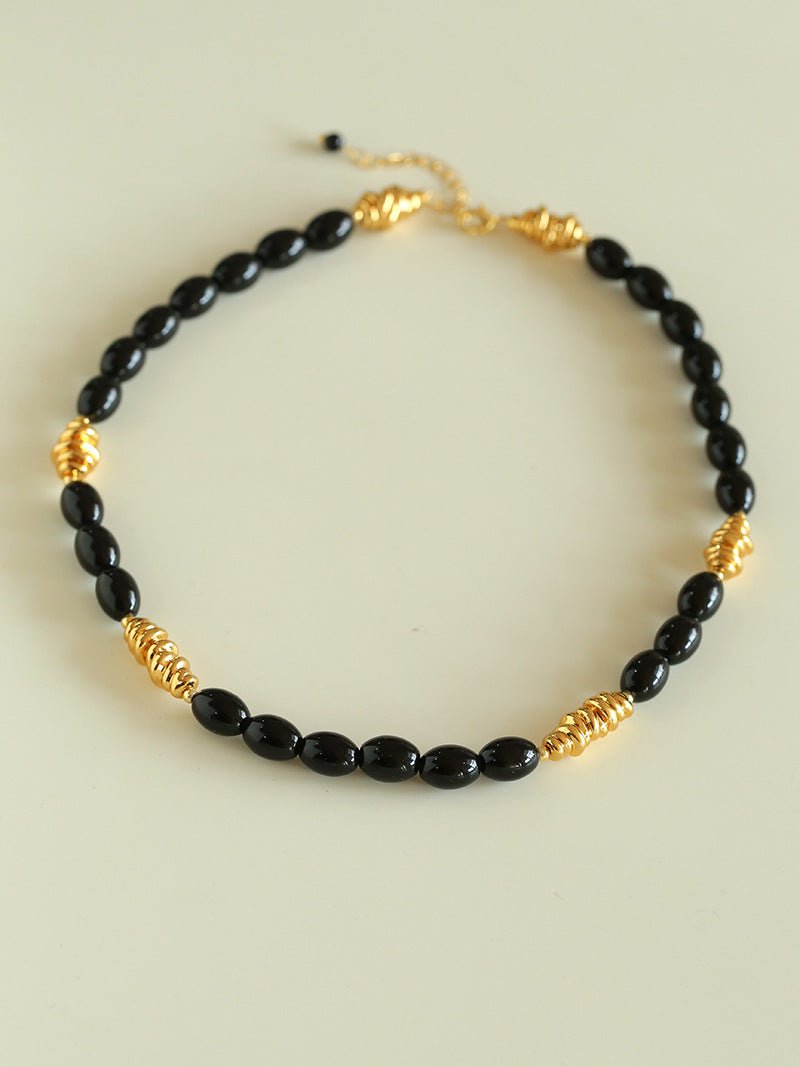 Black Agate Metal Beaded Short Necklace - floysun
