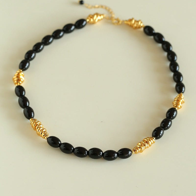 Black Agate Metal Beaded Short Necklace - floysun