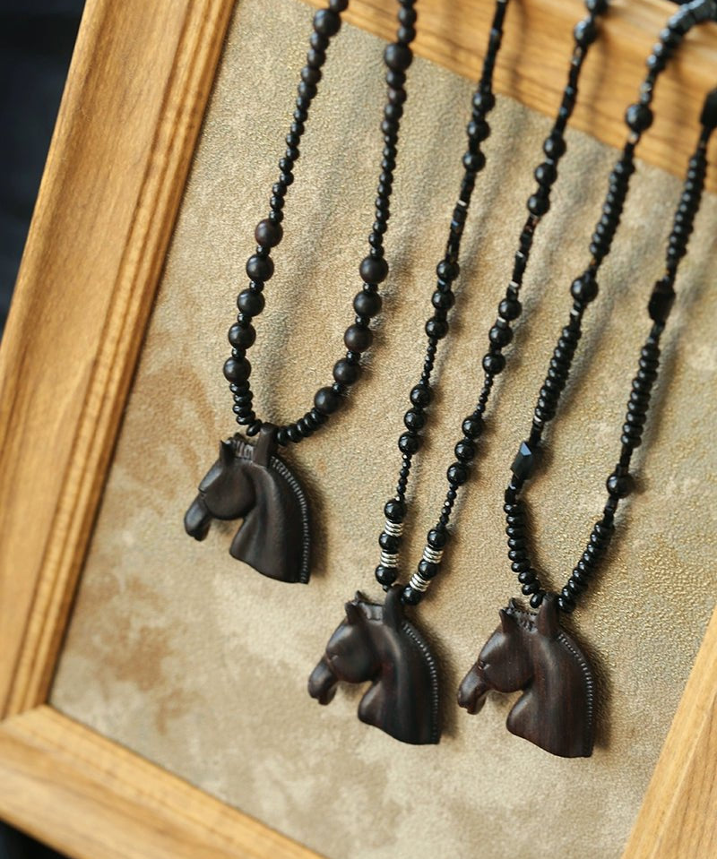 Black Ebony Horse Head Beaded Necklace - floysun