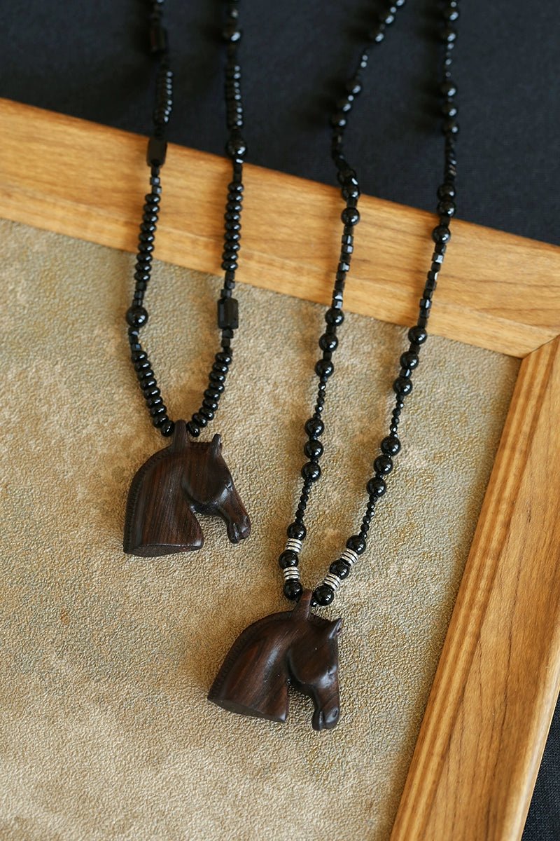 Black Ebony Horse Head Beaded Necklace - floysun
