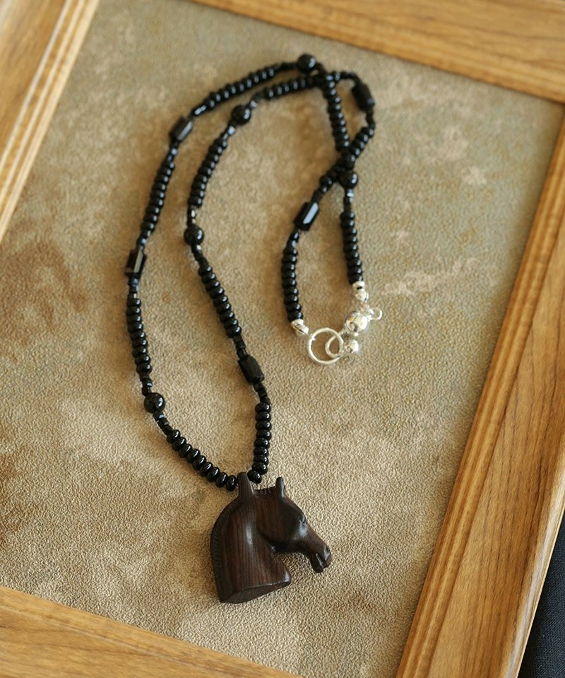 Black Ebony Horse Head Beaded Necklace - floysun