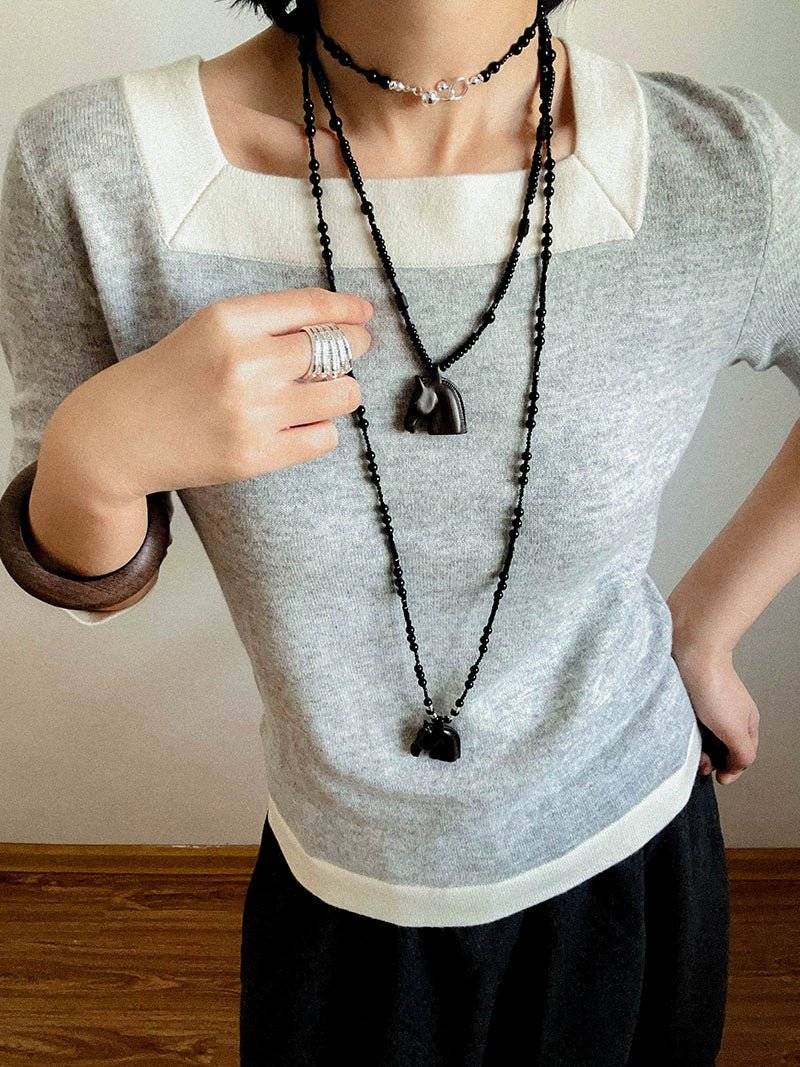 Black Ebony Horse Head Beaded Necklace - floysun