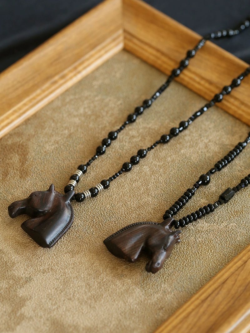 Black Ebony Horse Head Beaded Necklace - floysun