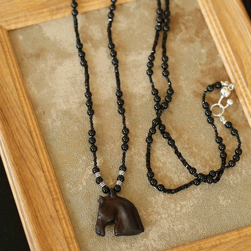 Black Ebony Horse Head Beaded Necklace - floysun