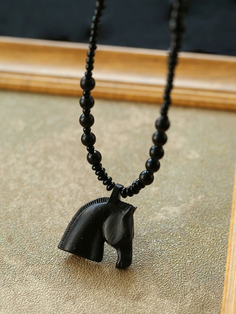 Black Ebony Horse Head Beaded Necklace - floysun