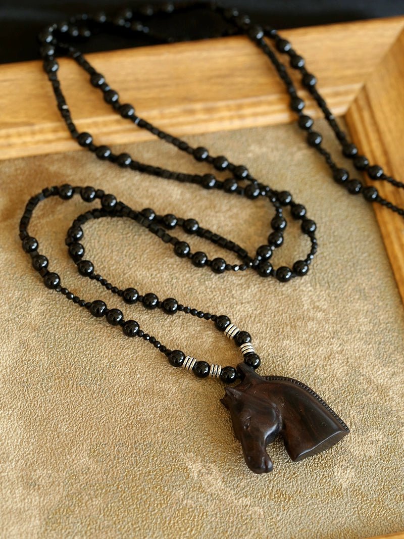 Black Ebony Horse Head Beaded Necklace - floysun