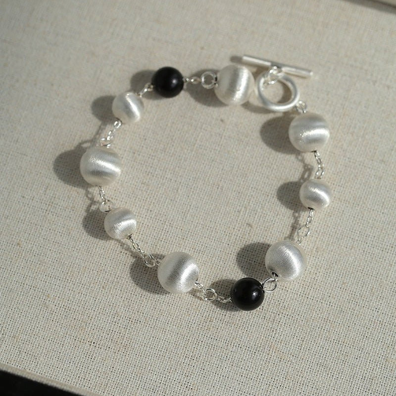 Black Ebony Wood and Brushed Silver Ball Bracelet - floysun