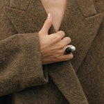 Black Ebony Wood and Brushed Sterling Silver Double Ball Open Ring - floysun