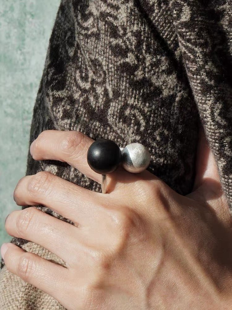 Black Ebony Wood and Brushed Sterling Silver Double Ball Open Ring - floysun