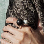Black Ebony Wood and Brushed Sterling Silver Double Ball Open Ring - floysun