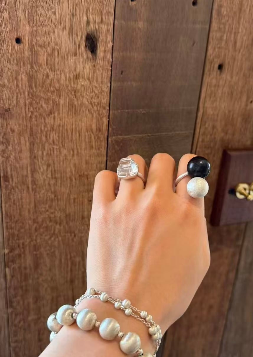 Black Ebony Wood and Brushed Sterling Silver Double Ball Open Ring - floysun