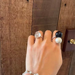 Black Ebony Wood and Brushed Sterling Silver Double Ball Open Ring - floysun