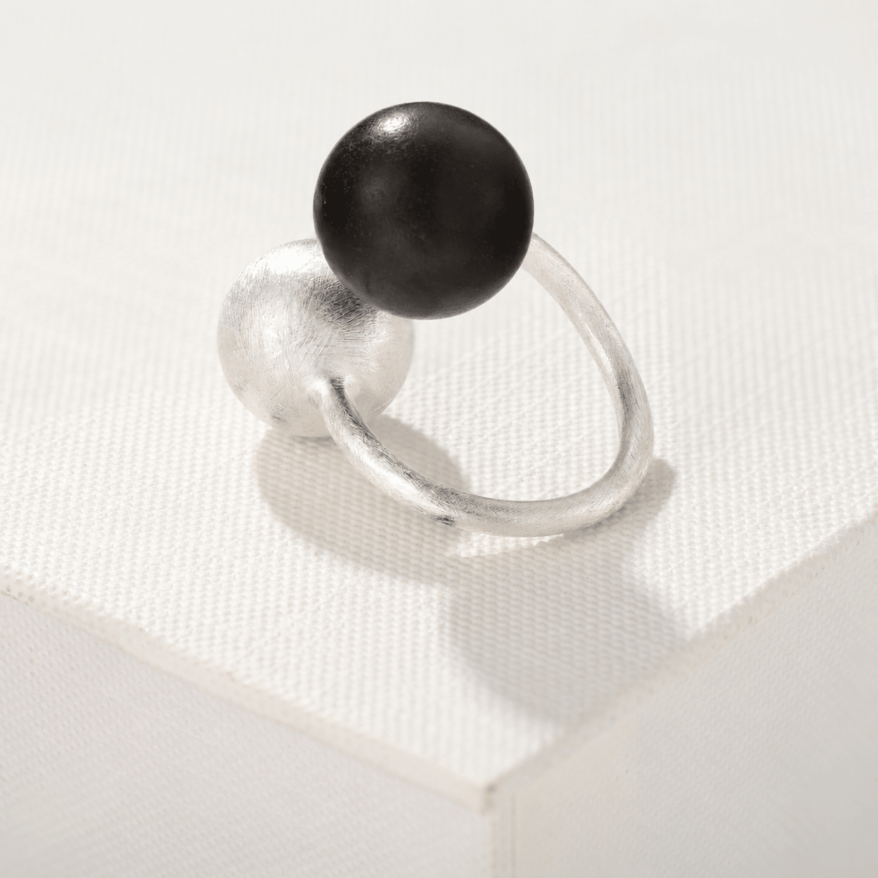 Black Ebony Wood and Brushed Sterling Silver Double Ball Open Ring - floysun