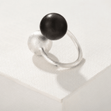 Black Ebony Wood and Brushed Sterling Silver Double Ball Open Ring - floysun
