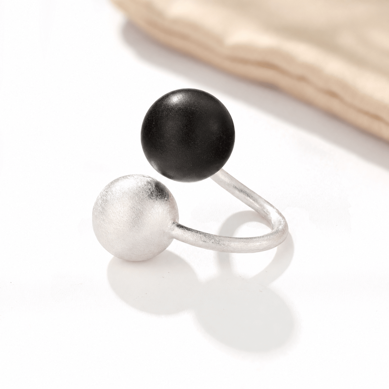 Black Ebony Wood and Brushed Sterling Silver Double Ball Open Ring - floysun