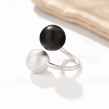 Black Ebony Wood and Brushed Sterling Silver Double Ball Open Ring - floysun