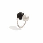 Black Ebony Wood and Brushed Sterling Silver Double Ball Open Ring - floysun