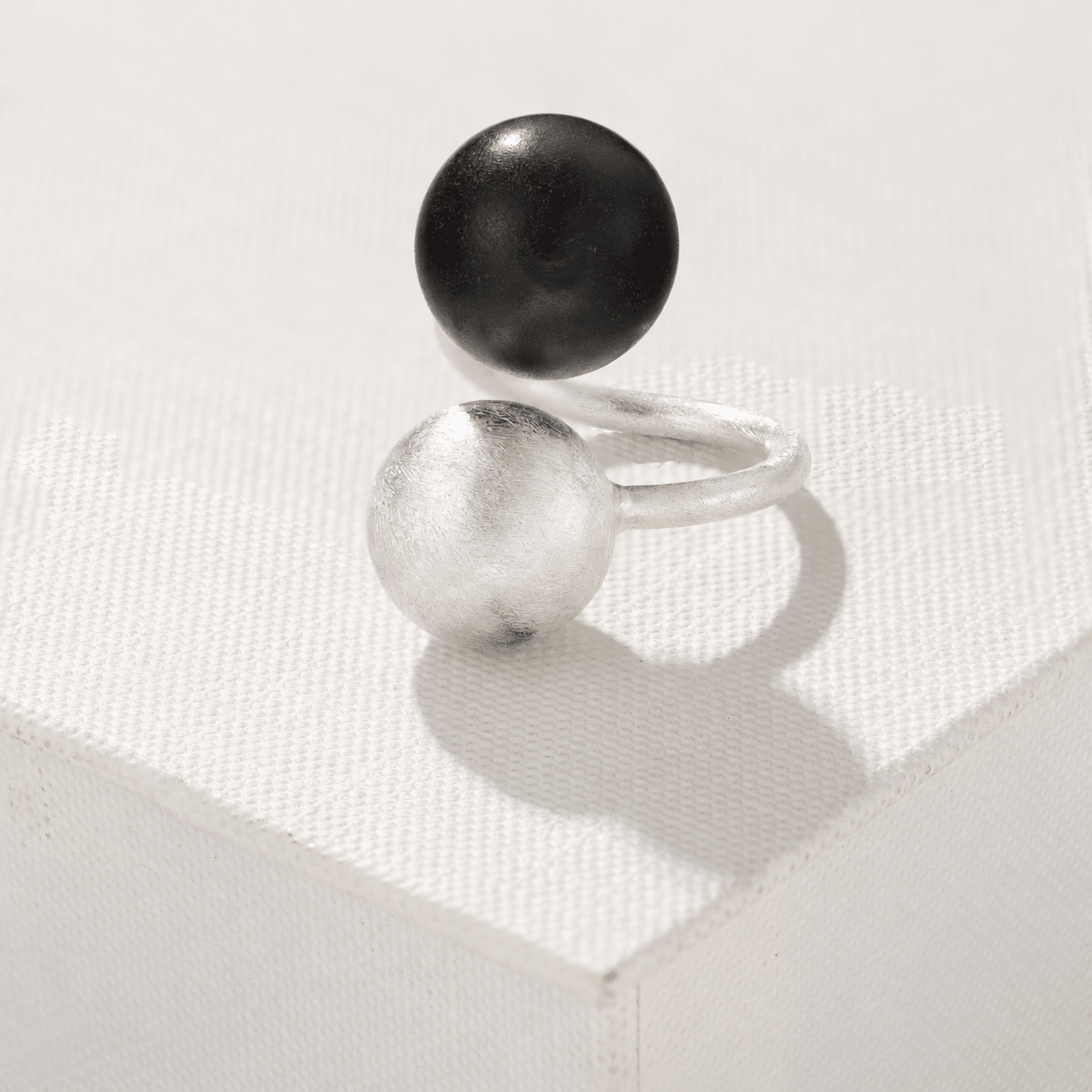 Black Ebony Wood and Brushed Sterling Silver Double Ball Open Ring - floysun