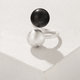 Black Ebony Wood and Brushed Sterling Silver Double Ball Open Ring - floysun