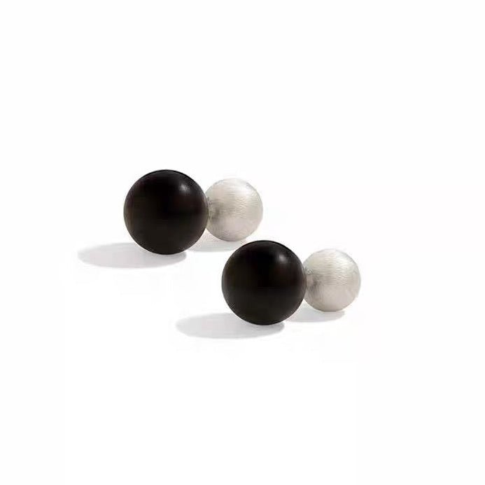 Black Ebony Wood and Brushed Sterling Silver Double Ball Stud Earrings - floysun