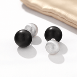 Black Ebony Wood and Brushed Sterling Silver Double Ball Stud Earrings - floysun