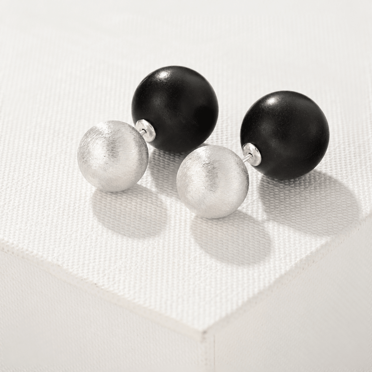 Black Ebony Wood and Brushed Sterling Silver Double Ball Stud Earrings - floysun