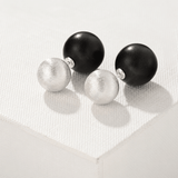Black Ebony Wood and Brushed Sterling Silver Double Ball Stud Earrings - floysun