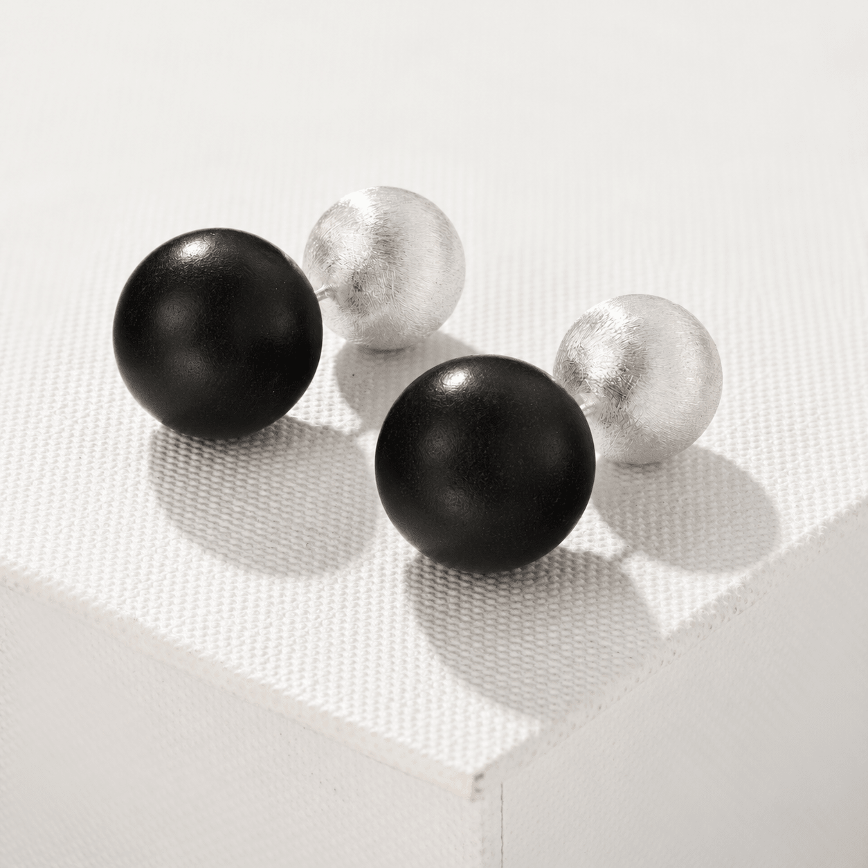 Black Ebony Wood and Brushed Sterling Silver Double Ball Stud Earrings - floysun