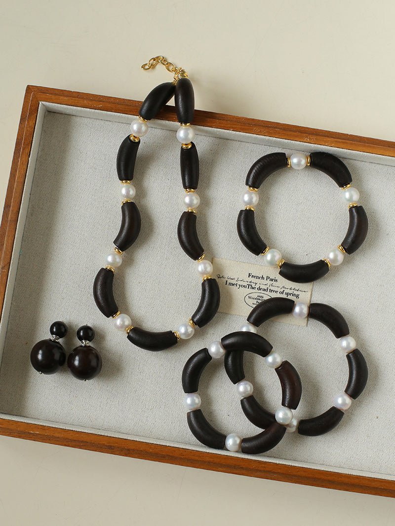 Black Ebony Wood & Freshwater Pearl Bracelet - floysun