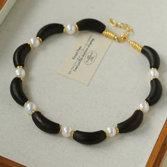 Black Ebony Wood & Freshwater Pearl Necklace - floysun