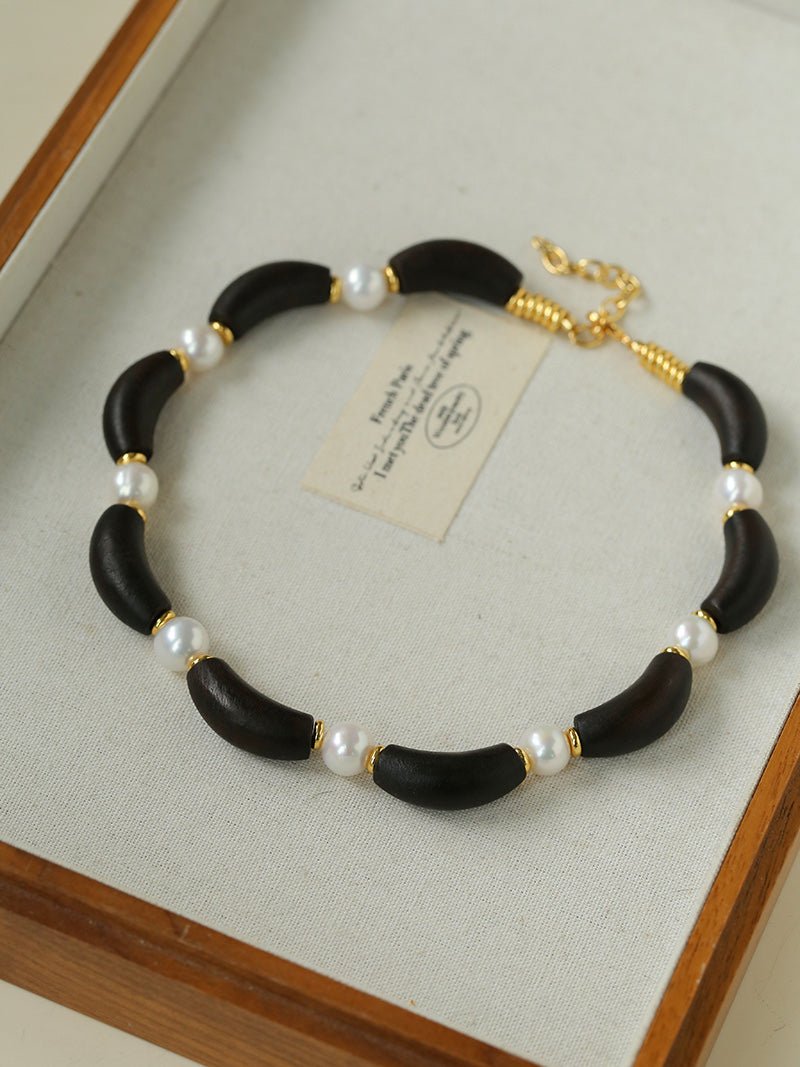 Black Ebony Wood & Freshwater Pearl Necklace - floysun