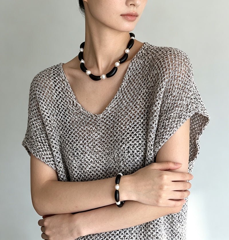 Black Ebony Wood & Freshwater Pearl Necklace - floysun
