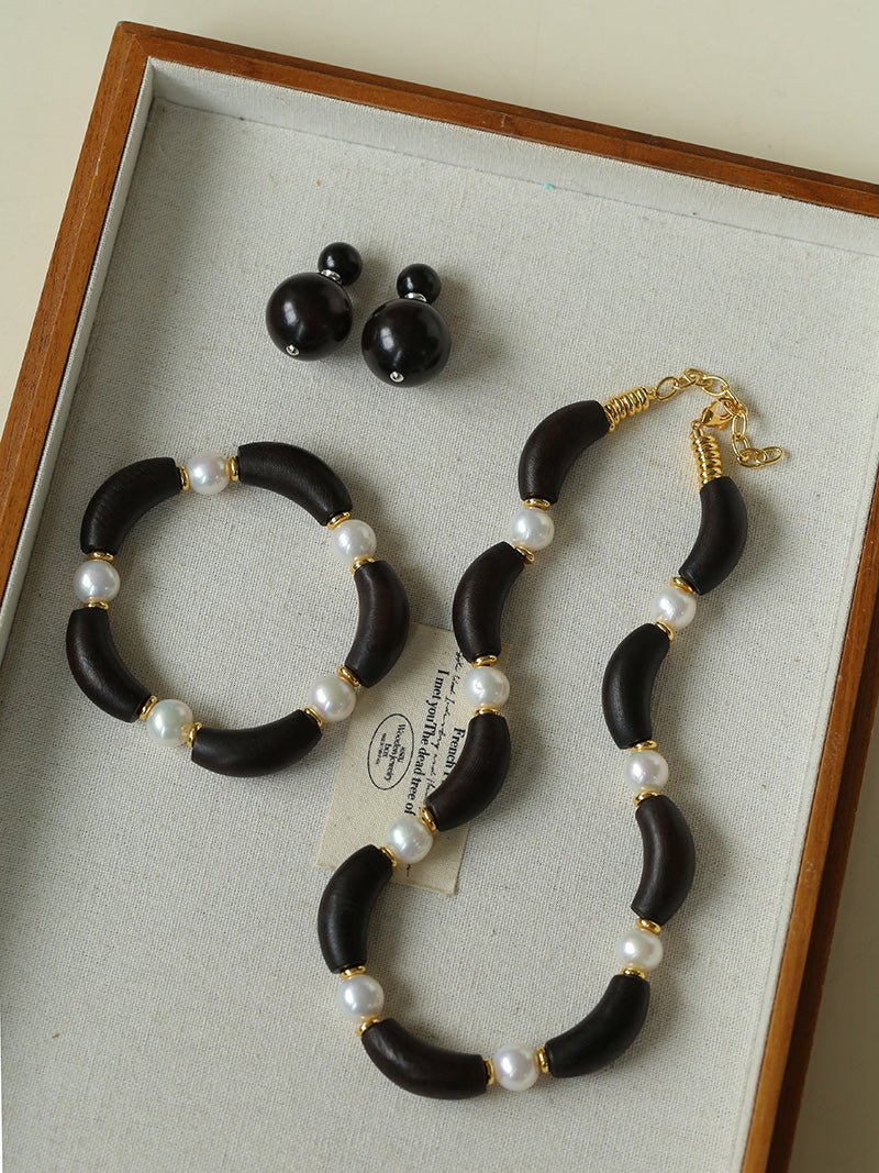 Black Ebony Wood & Freshwater Pearl Necklace - floysun